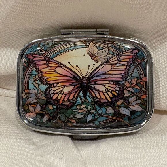 Pastel Butterfly Travel Pill Box 2 Compartment Medicine Pill Case Metal NEW - Picture 1 of 5